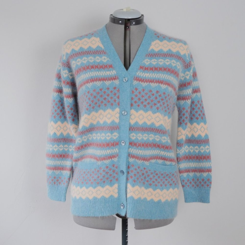 Panda Angora and Lambswool Fair Isle Blue Knit Cardigan